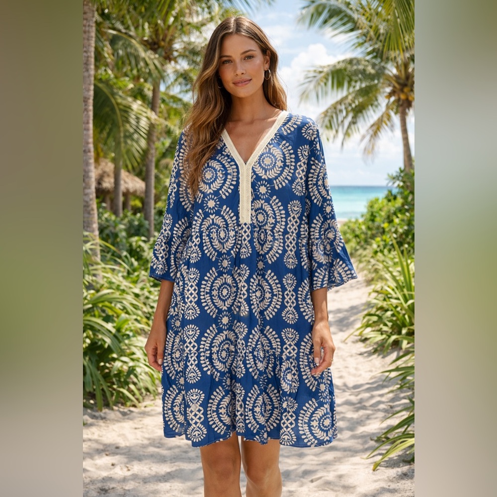 Saiph Lab NWT Tiered Bell Sleeve Santorini Midi Dress 100% Cotton Size L